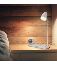 Tellur Nostalgia Wireless Desk Charger Ρετρο φωτιστικό γραφείου, ηχείο και βάση ασύρματης φόρτισης 3 σε 1 με υποστήριξη τεχνολογίας Qi (λευκή)