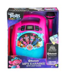 eKids Trolls 2 Bluetooth MP3 Boombox Karaoke & Ασύρματο Μικρόφωνο για παιδιά και εφήβους με ενσωματωμένη μουσική, φωτισμό, Sound Effects (TR-553) (Γαλάζιο/Μωβ)