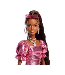 Mattel Barbie: Deluxe Style - Metallic Pink Dress Brown Hair with Dark Skin Doll (JFP41)
