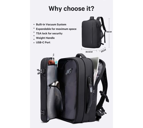 Bange Μαύρο Σακίδιο Πλάτης Vacuum Tsa Lock με ζυγαριά 36L 1909-8  Laptop 17,3”