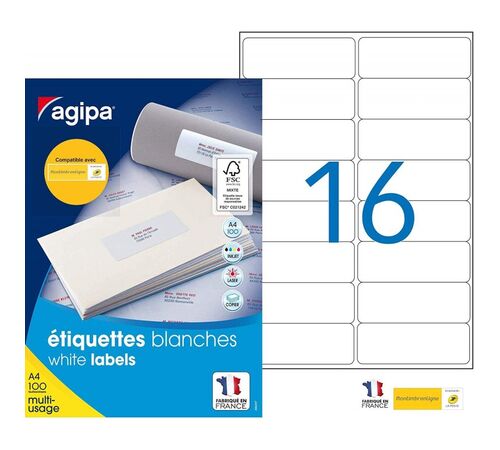 Agipa ΕΤΙΚΕΤΕΣ Α4 ΛΕΥΚΕΣ 1600 multi usage ΣΤΡΟΓΓ.ΓΩΝΙΕΣ 99,1X33,9 mm  ΚΟΥΤΙ 100φ