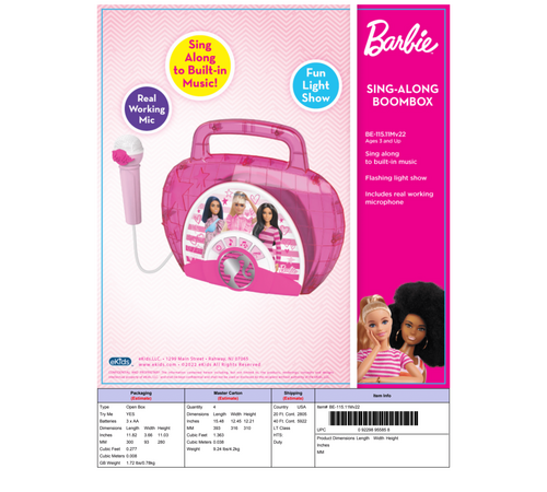 eKids Barbie Boombox Karaoke & Ενσύρματο Μικρόφωνο για παιδιά με ενσωματωμένη μουσική, φωτισμό, Sound Effects (BE-115) (Μωβ/Λευκό)