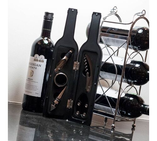 The Source Σετ Αξεσουάρ Κρασιού Sommelier 5 Τεμ. σε θήκη με σχήμα μπουκαλιού, από ανοξείδωτο ατσάλι με μαγνητικό κλείσιμο