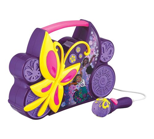 eKids Encanto Boombox Karaoke & Ενσύρματο Μικρόφωνο για παιδιά με ενσωματωμένη μουσική, φωτισμό, Sound Effects (EN-115) (Κίτρινο/Μωβ/Ροζ)