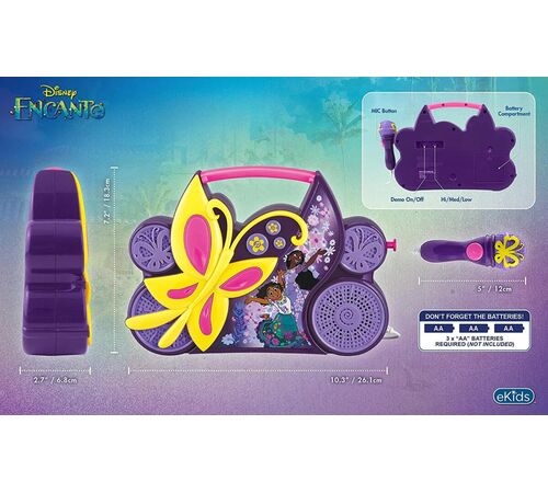 eKids Encanto Boombox Karaoke & Ενσύρματο Μικρόφωνο για παιδιά με ενσωματωμένη μουσική, φωτισμό, Sound Effects (EN-115) (Κίτρινο/Μωβ/Ροζ)