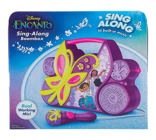 eKids Encanto Boombox Karaoke & Ενσύρματο Μικρόφωνο για παιδιά με ενσωματωμένη μουσική, φωτισμό, Sound Effects (EN-115) (Κίτρινο/Μωβ/Ροζ)