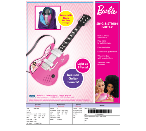 eKids Barbie Sing & Strum Guitar Ηλεκτρική Κιθάρα Karaoke για παιδιά με ενσωματωμένη μουσική, Sound Effects (BE-632) (Μωβ/Λευκό)
