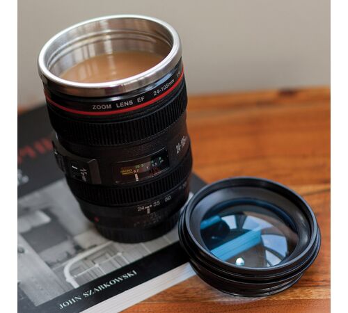 The Source - Camera Lens Mug with Lid Φακός Φωτογραφικής Μηχανής Κούπα Μεταλλική με Καπάκι Μαύρη 300ml
