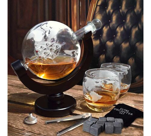 Globe Decanter Set - Μοναδικό Σετ Καράφας και Ποτηριών με Υφή Υδρογείου