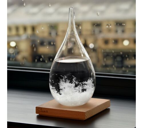Storm Glass Drop Small – Μικρό Διακοσμητικό Βαρόμετρο σε Σχήμα Σταγόνας με Ξύλινη Βάση (13.5 cm)