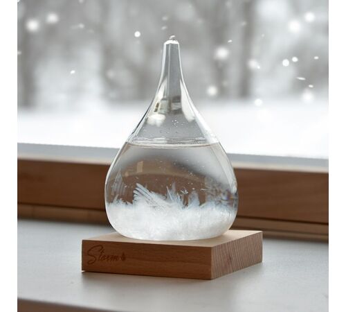 Storm Glass Drop Large – Μεγάλο Διακοσμητικό Βαρόμετρο σε Σχήμα Σταγόνας με Ξύλινη Βάση (22 cm)