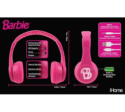 eKids Mattel Barbie Ασύρματα Ακουστικά με ασφαλή μέγιστη ένταση ήχου για παιδιά και εφήβους (MI-B52BE) (Ροζ)