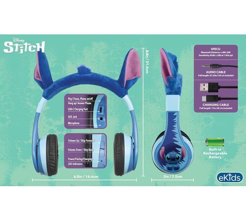 eKids Disney Stitch Ασύρματα Ακουστικά με ασφαλή μέγιστη ένταση ήχου για παιδιά και εφήβους (SH-B52) (Μπλε/Γαλάζιο)