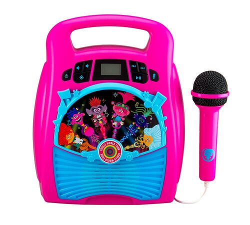 eKids Trolls 2 Bluetooth MP3 Boombox Karaoke & Ασύρματο Μικρόφωνο για παιδιά και εφήβους με ενσωματωμένη μουσική, φωτισμό, Sound Effects (TR-553) (Γαλάζιο/Μωβ)