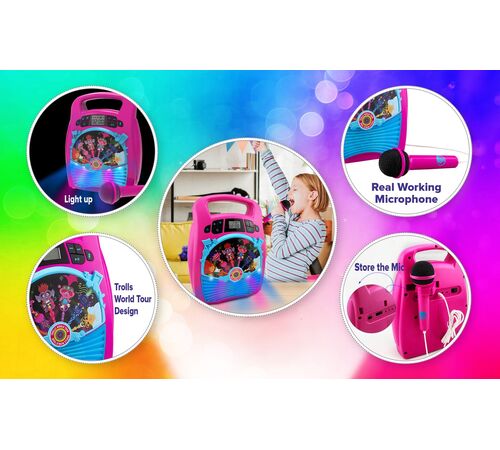eKids Trolls 2 Bluetooth MP3 Boombox Karaoke & Ασύρματο Μικρόφωνο για παιδιά και εφήβους με ενσωματωμένη μουσική, φωτισμό, Sound Effects (TR-553) (Γαλάζιο/Μωβ)