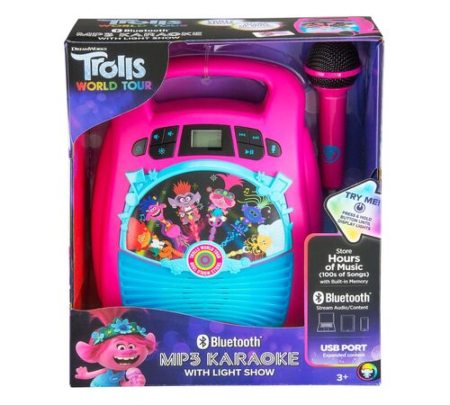 eKids Trolls 2 Bluetooth MP3 Boombox Karaoke & Ασύρματο Μικρόφωνο για παιδιά και εφήβους με ενσωματωμένη μουσική, φωτισμό, Sound Effects (TR-553) (Γαλάζιο/Μωβ)