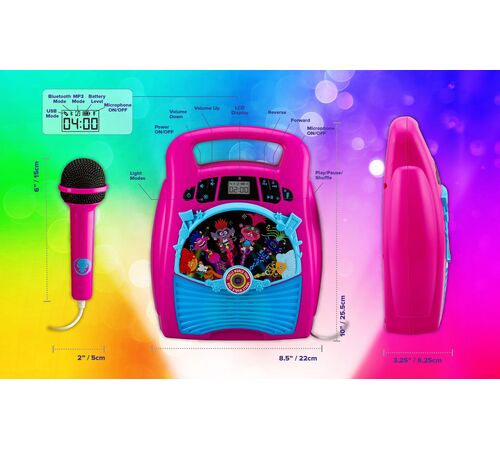eKids Trolls 2 Bluetooth MP3 Boombox Karaoke & Ασύρματο Μικρόφωνο για παιδιά και εφήβους με ενσωματωμένη μουσική, φωτισμό, Sound Effects (TR-553) (Γαλάζιο/Μωβ)