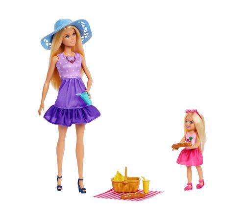 Mattel Barbie: Family &amp; Friends - Barbie Malibu &amp; Club Chelsea Sister PicNic Dolls (JBF43)