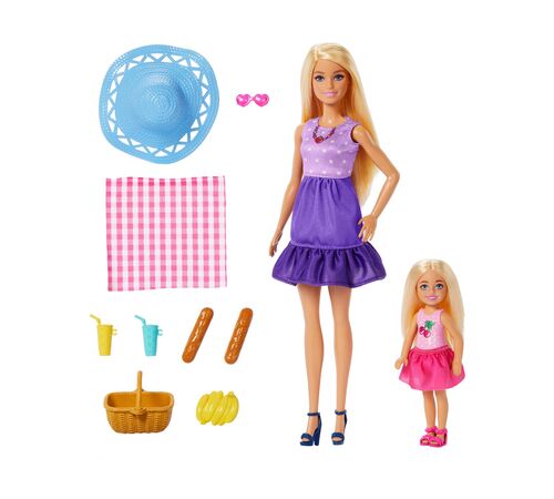 Mattel Barbie: Family &amp; Friends - Barbie Malibu &amp; Club Chelsea Sister PicNic Dolls (JBF43)