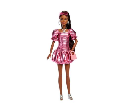 Mattel Barbie: Deluxe Style - Metallic Pink Dress Brown Hair with Dark Skin Doll (JFP41)