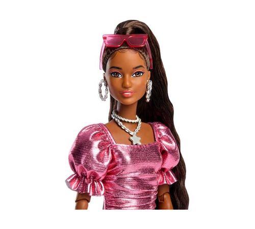 Mattel Barbie: Deluxe Style - Metallic Pink Dress Brown Hair with Dark Skin Doll (JFP41)