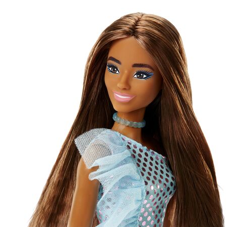 Mattel Barbie: Glitz Outfits - Dark Skin Doll with Light Blue Dress (HJR95)